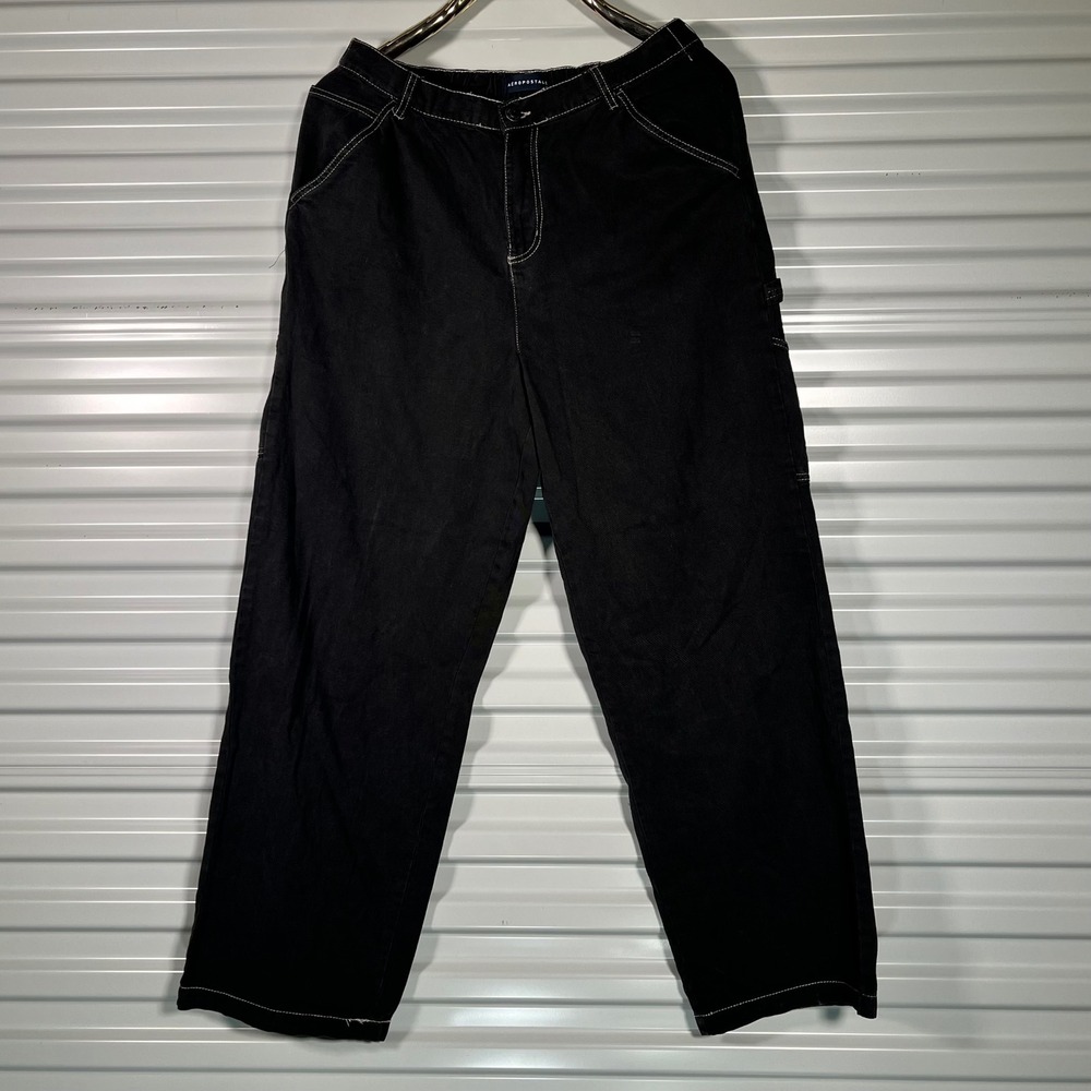 Aeropostale Mens Black Carpenter Pants White Contrast Stitch Wide Leg Large